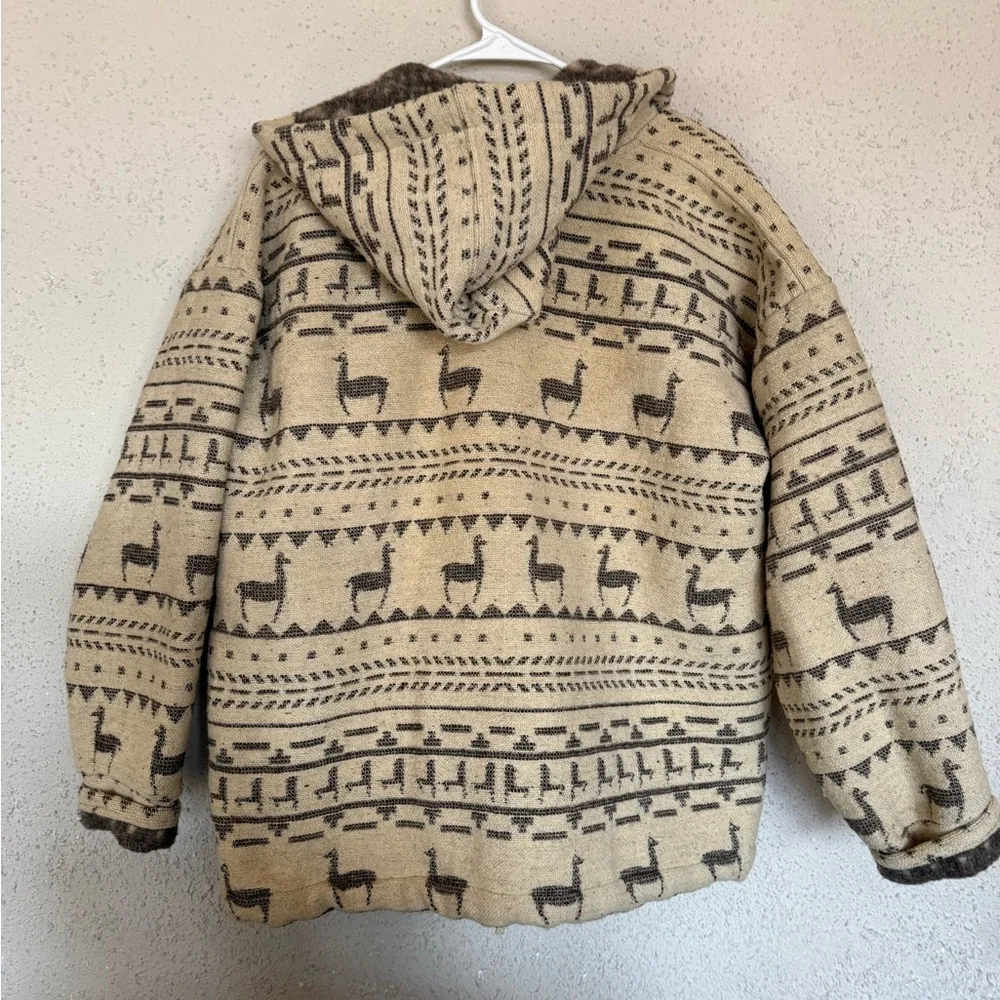 J. Peterman Beige and Brown Patterned Hooded Bomber Jacket 85% wool/15% cotton